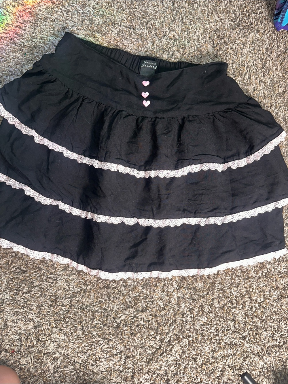 Black Ruffled Skater Mini Skirt with Pink Heart Buttons